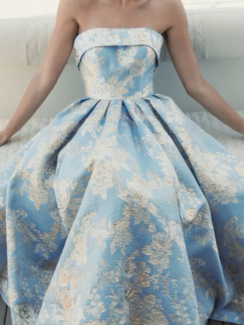 Strapless Blue Floral Brocade Midi Dress - Picture 5 of 5
